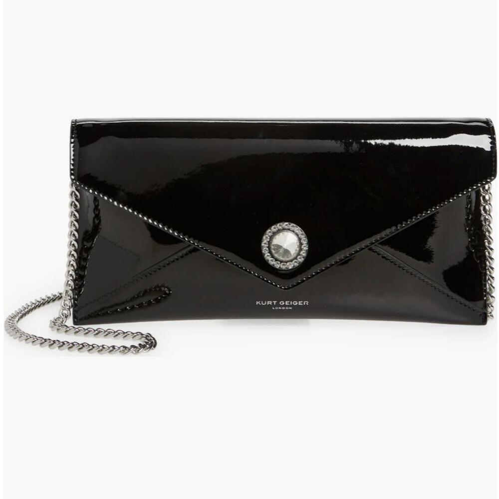 Kurt Geiger London Shoreditch Flat Black Patent Leather Envelope Clutch